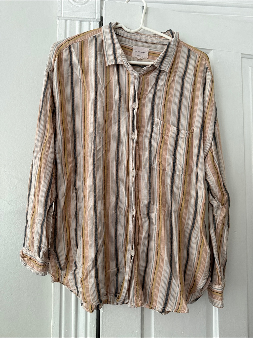 American Eagle Outfitters Striped Button-Down Shirt in Cream, Tan, Gray